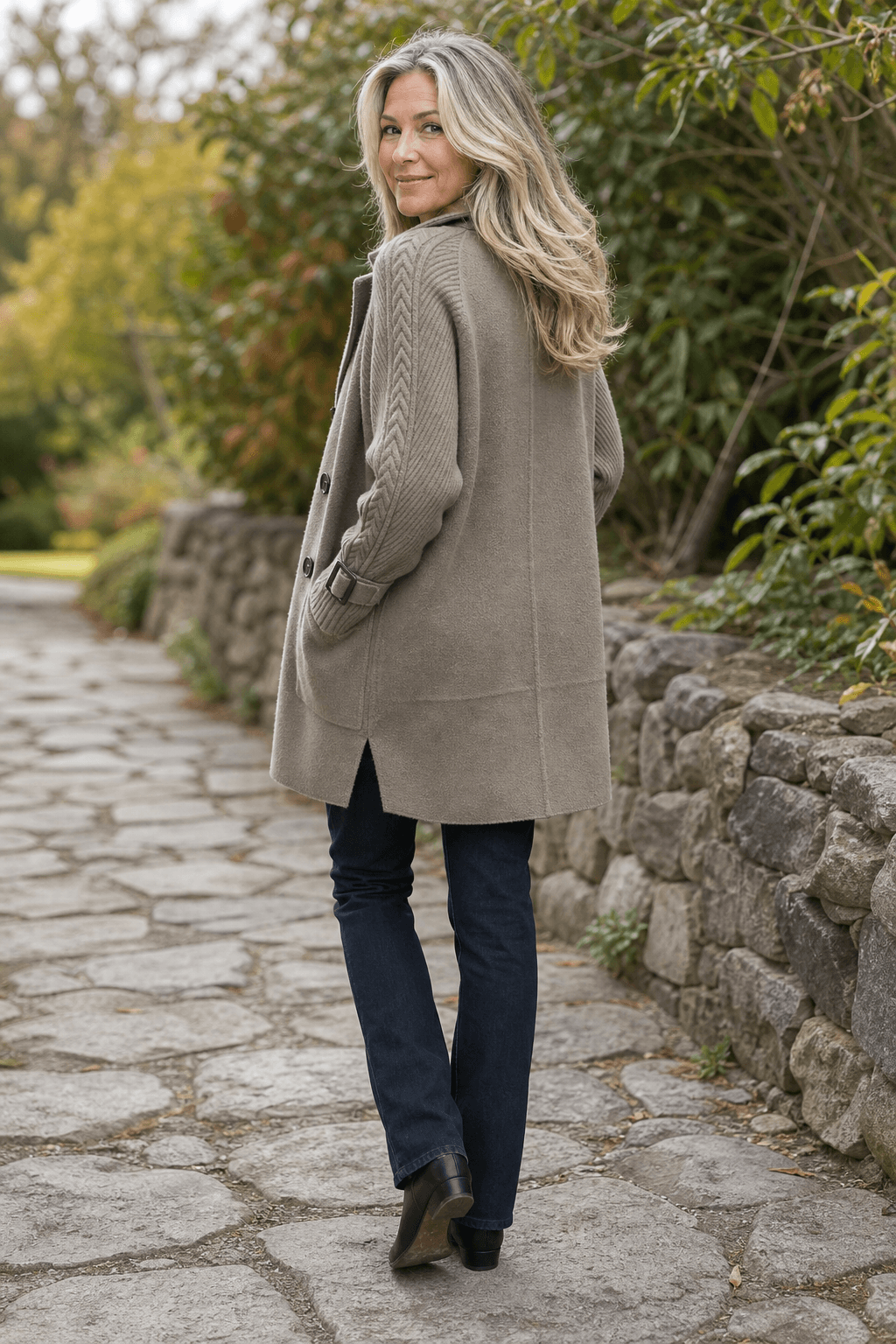 Isola Women's Cable-Knit Sleeve Double-Breasted Longline Winter Coat