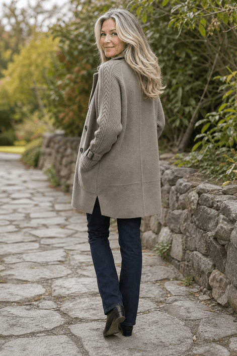 Isola Women's Cable-Knit Sleeve Double-Breasted Longline Winter Coat