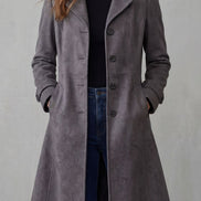 Women's Suede-Finish Longline Tailored Winter Coat with Notched Collar