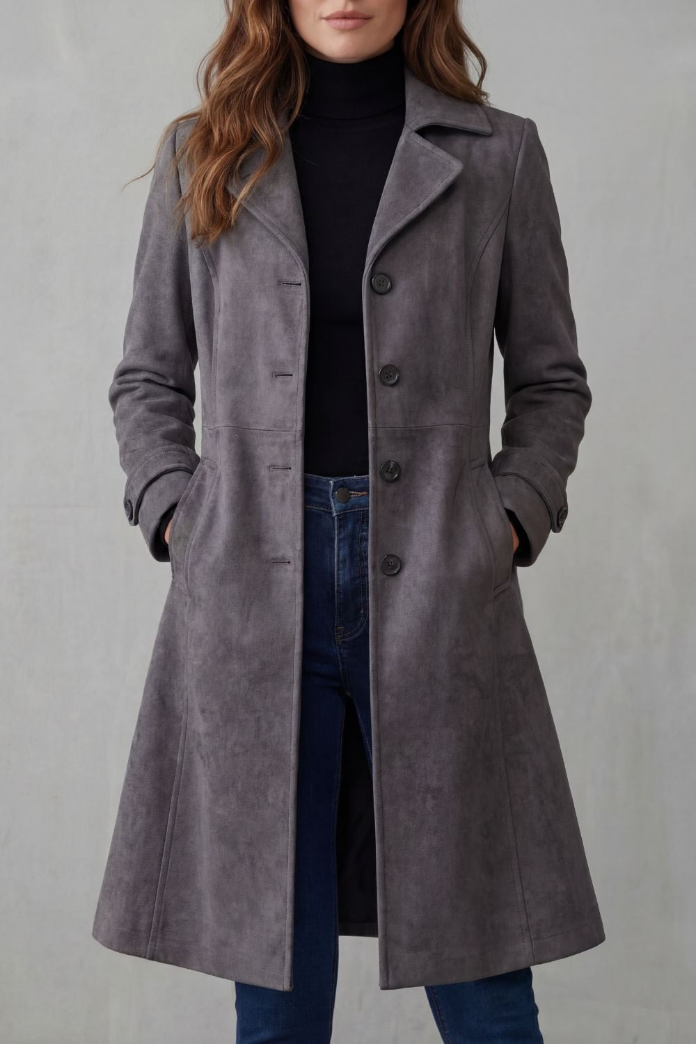Women's Suede-Finish Longline Tailored Winter Coat with Notched Collar
