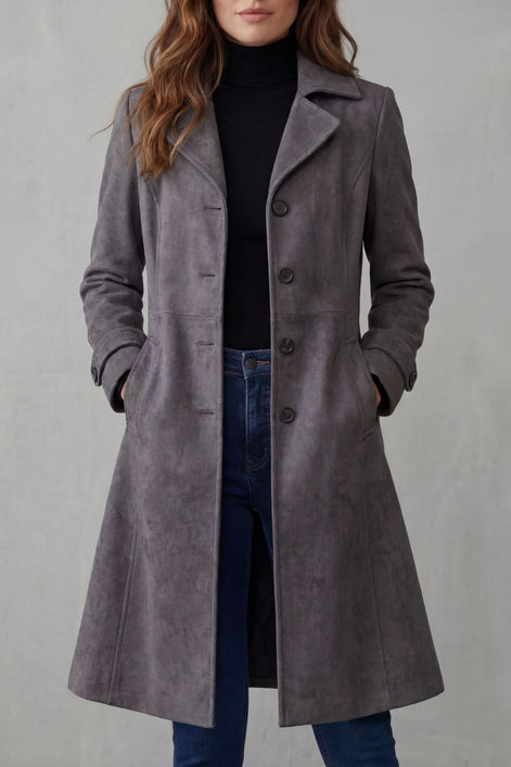 Women's Suede-Finish Longline Tailored Winter Coat with Notched Collar