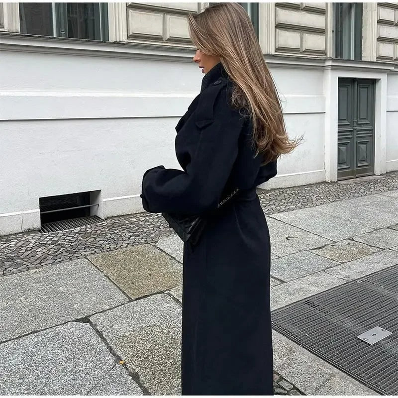 Double-Breasted Belted Wool Blend Trench Coat for Women