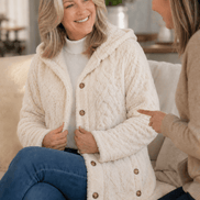 Women's Cable-Knit Hooded Longline Winter Coat with Button Hems