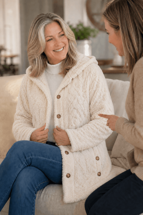 Women's Cable-Knit Hooded Longline Winter Coat with Button Hems