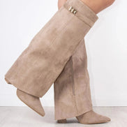 Fold-Over Pointed Toe Knee-High Suede Boots with Structured Fit for Women