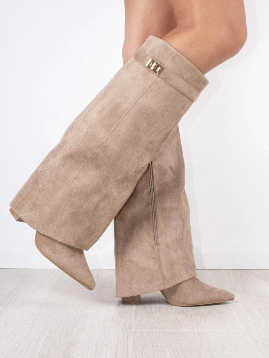 Fold-Over Pointed Toe Knee-High Suede Boots with Structured Fit for Women