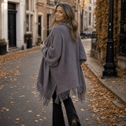 Women's Fringed Draped Shawl Collar Open-Front Wool Wrap Coat for Winter