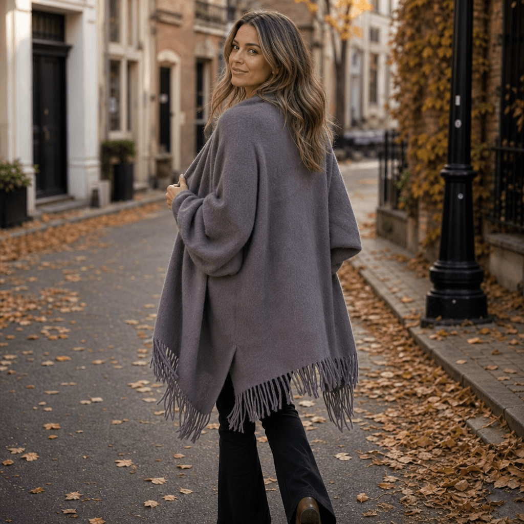 Women's Fringed Draped Shawl Collar Open-Front Wool Wrap Coat for Winter