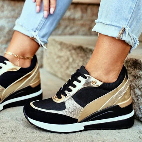 Women's Wedge Platform Cushioned Sneakers with Lace-Up Knit Upper
