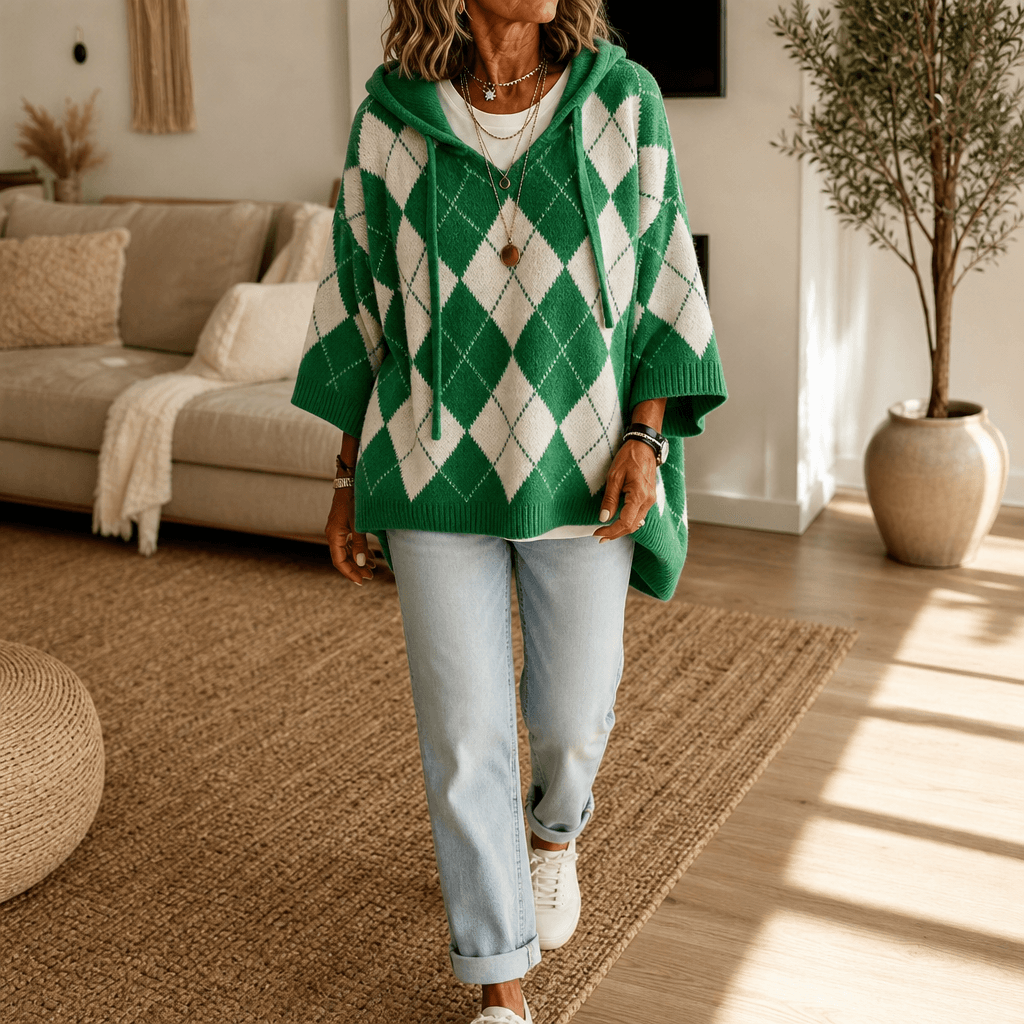 Women's Hooded Argyle Batwing Poncho Knit Jumper