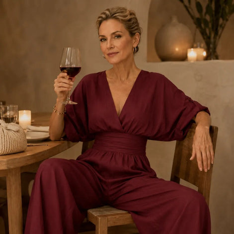 V-Neck Wide-Leg Jumpsuit with Pleated Waist Sash