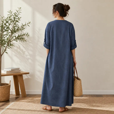 Striped V-Neck Maxi Dress with Pockets and Long Sleeves