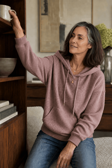 Women's Ribbed Corduroy-Look Hoodie with Front Pocket