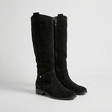 Women's Knee-High Suede Boots with Buckle Strap Detail