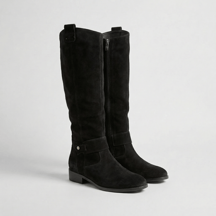 Women's Knee-High Suede Boots with Buckle Strap Detail
