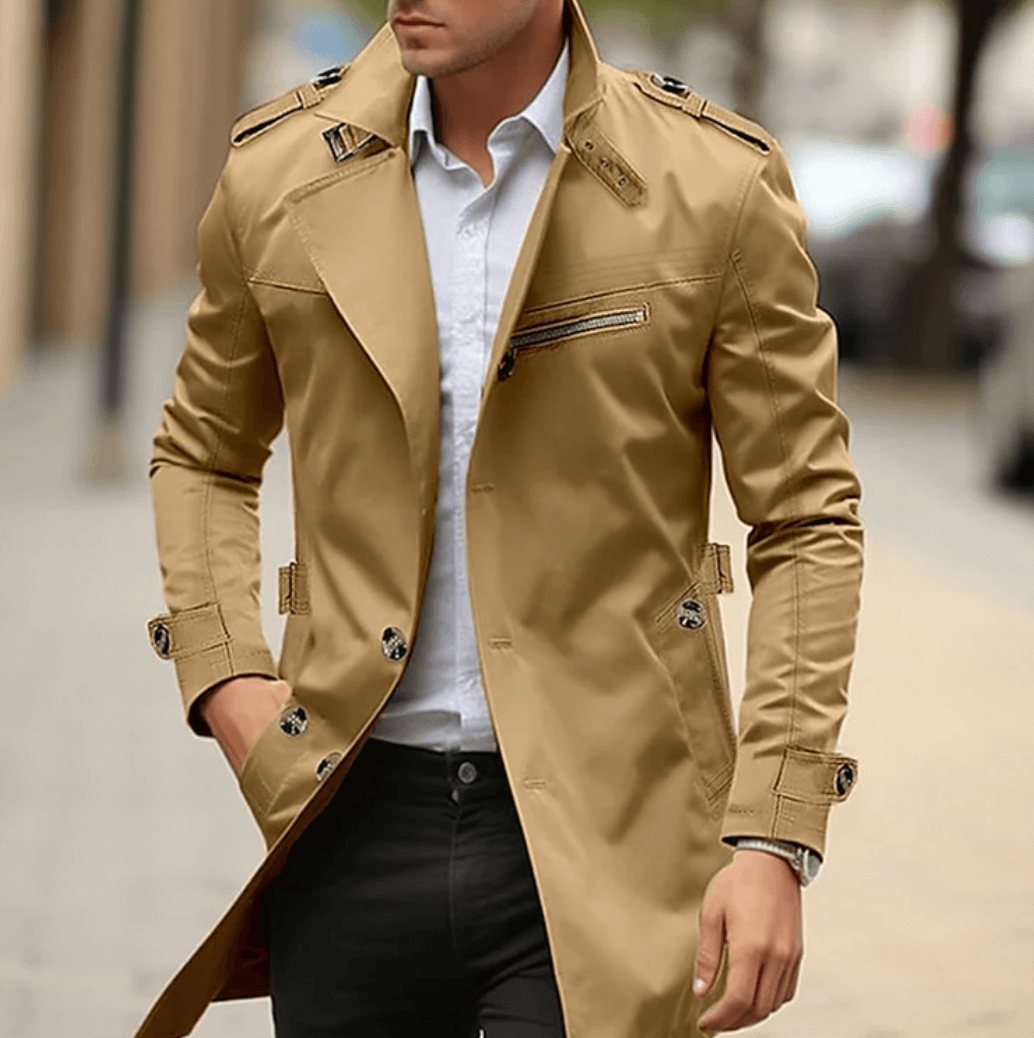 Men's Double-Breasted Long Trench Coat With Epaulette Detail Mens Coats
