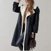 Long Belted Teddy Collar Faux Leather Winter Coats for Women