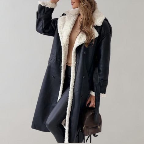 Long Belted Teddy Collar Faux Leather Winter Coats for Women