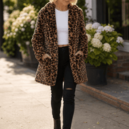 Leora Women's Leopard Print Faux Fur Longline Winter Coat with Open Front