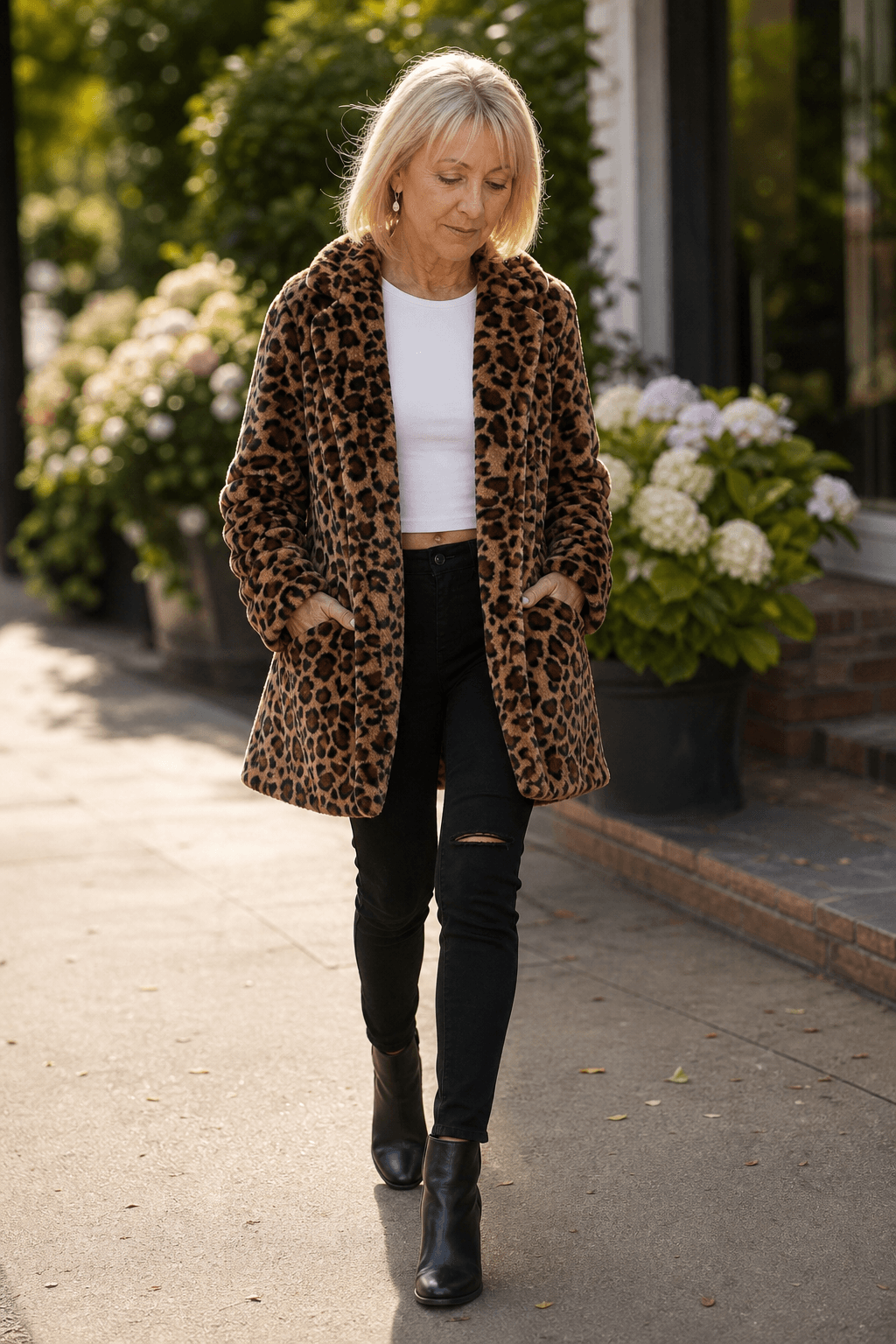 Leora Women's Leopard Print Faux Fur Longline Winter Coat with Open Front