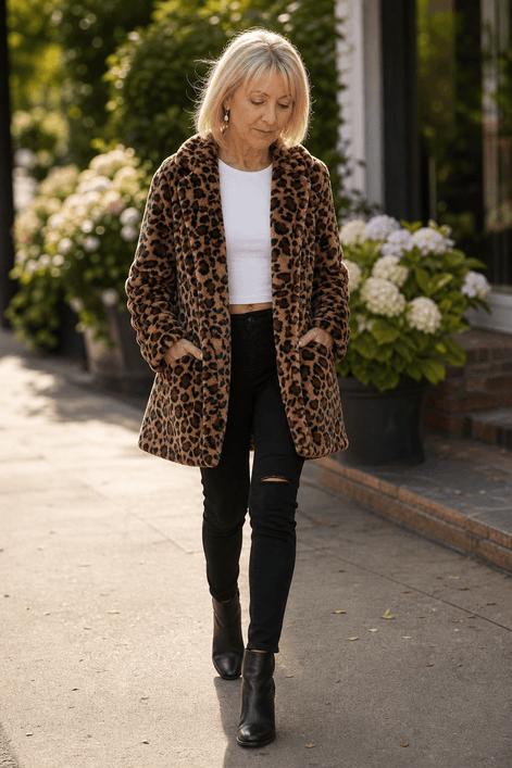 Leora Women's Leopard Print Faux Fur Longline Winter Coat with Open Front