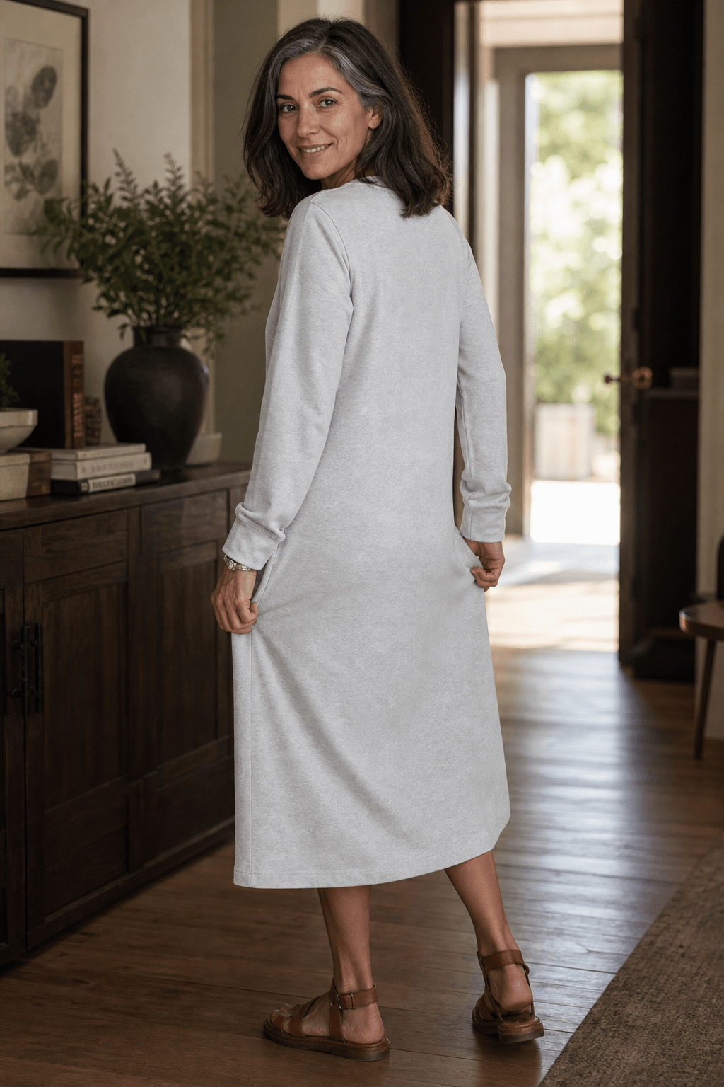 Women's A-Line V-Neck Midi Dress with Long Sleeves