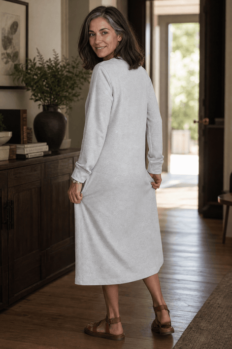 Women's A-Line V-Neck Midi Dress with Long Sleeves