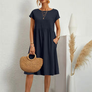 Casual Cotton Midi Shift Christmas Party Dress with Pockets for Autumn Wear