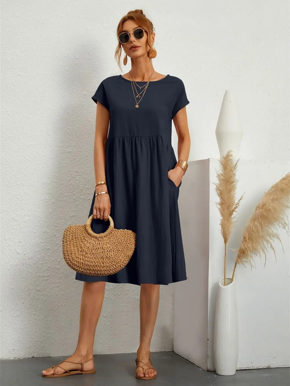 Casual Cotton Midi Shift Christmas Party Dress with Pockets for Autumn Wear