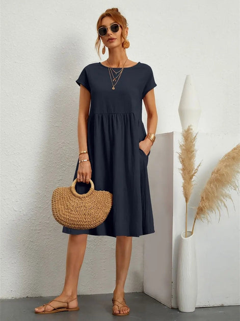 Casual Cotton Midi Shift Christmas Party Dress with Pockets for Autumn Wear