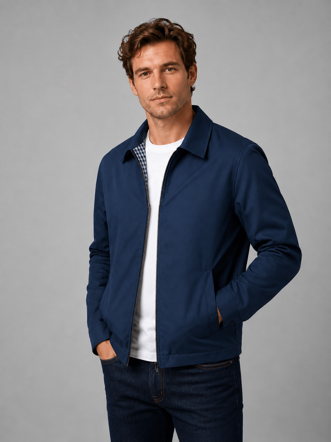 Lightweight Full Zip Mens Jacket with Checked Lining and Point Collar