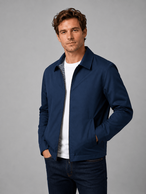 Lightweight Full Zip Mens Jacket with Checked Lining and Point Collar