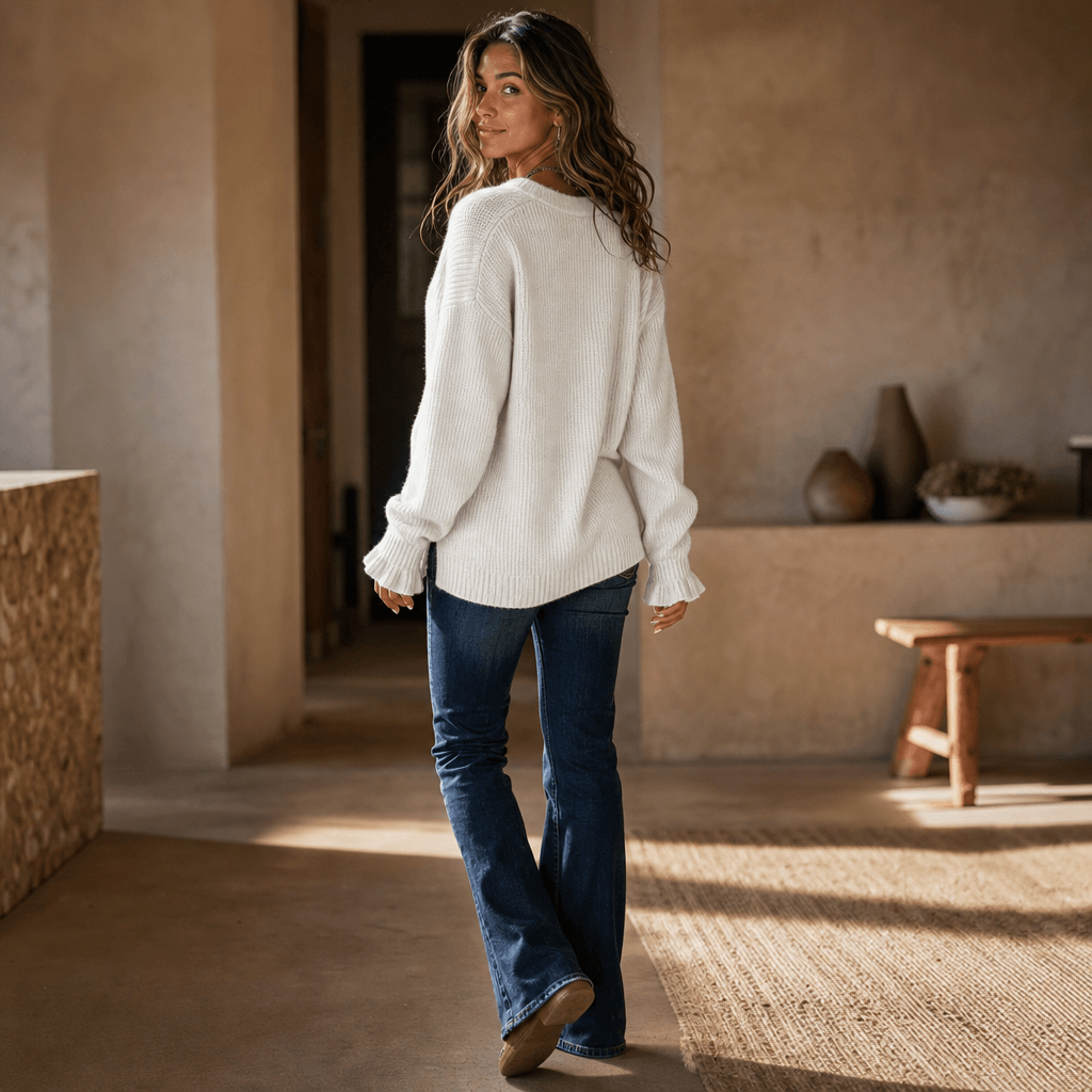Women's Ribbed V-Neck Knitted Jumper with Button Detail