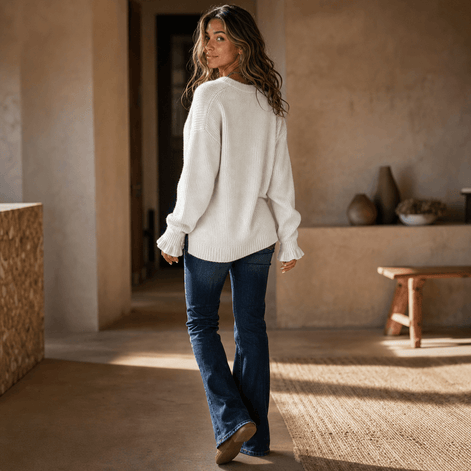 Women's Ribbed V-Neck Knitted Jumper with Button Detail