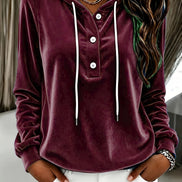 Women's Long-Sleeve Velvet Hoodie with Button Placket and Drawstring