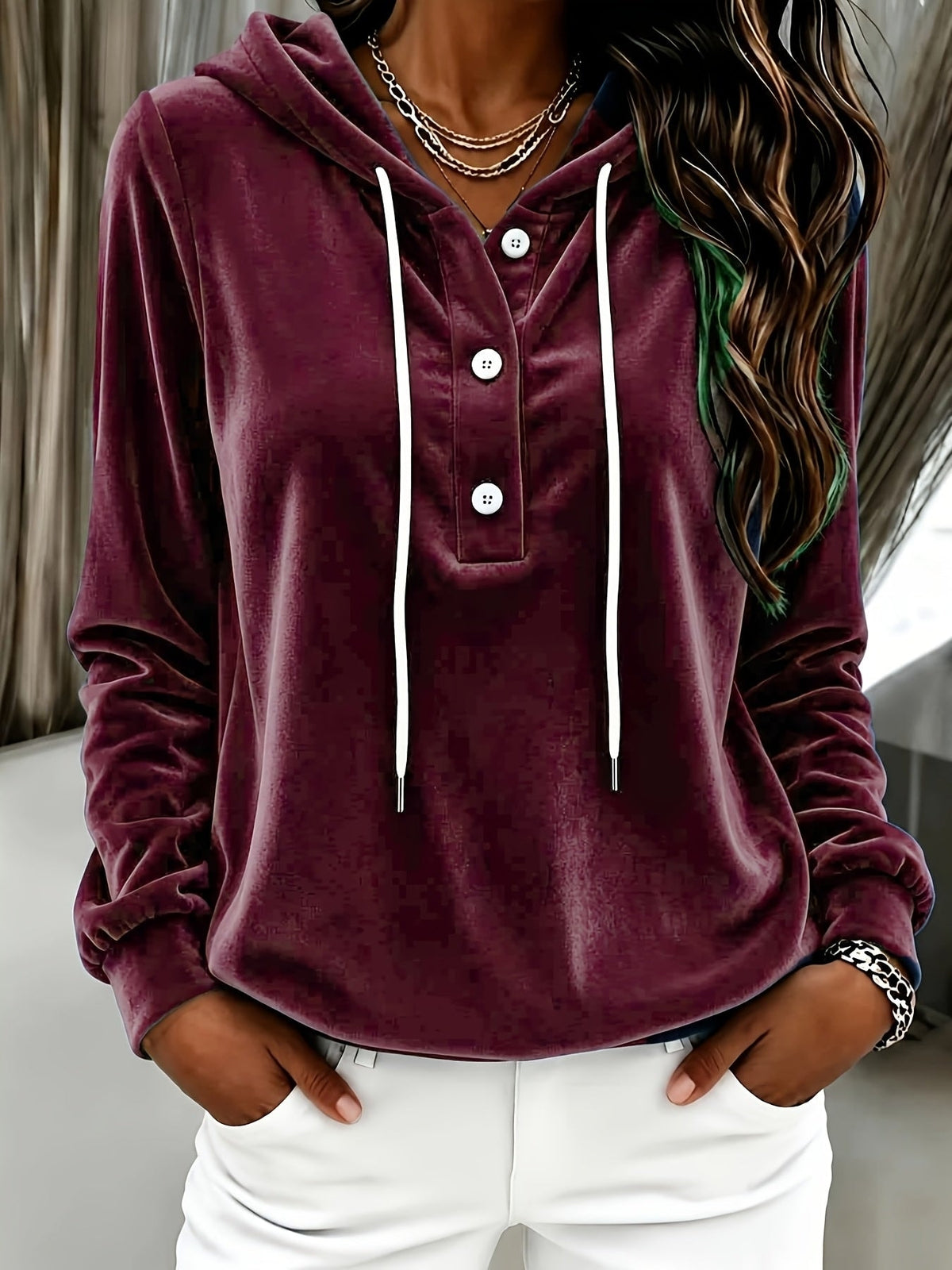 Women's Long-Sleeve Velvet Hoodie with Button Placket and Drawstring