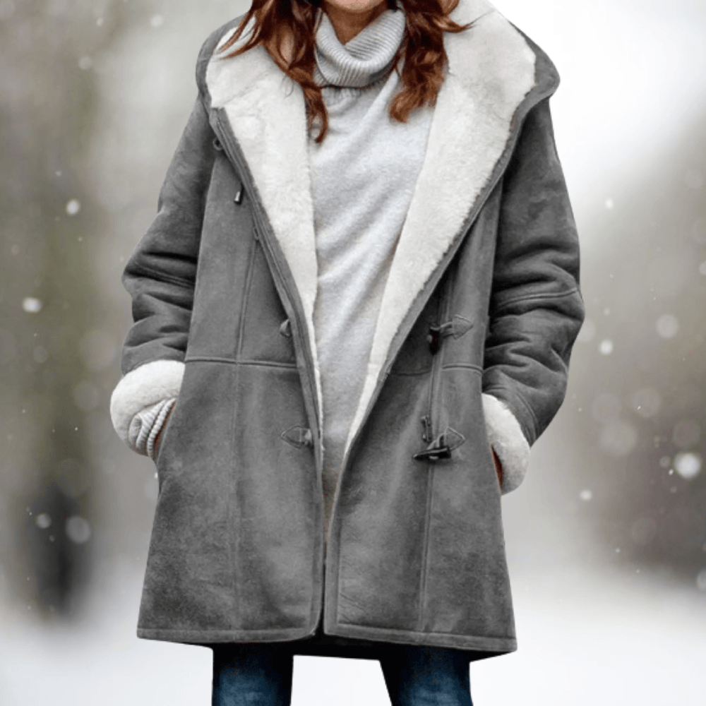 Fiona Women's Hooded Winter Coat with Faux Shearling Collar and Faux Fur Trim