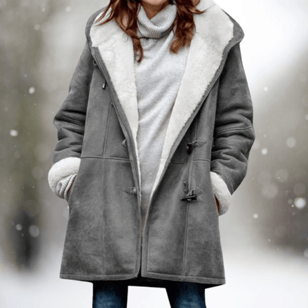 Fiona Women's Hooded Winter Coat with Faux Shearling Collar and Faux Fur Trim