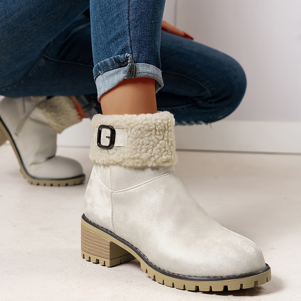 Women's Faux Suede Ankle Boots with Shearling Cuff and Block Heel