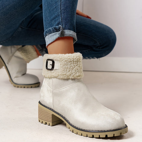 Women's Faux Suede Ankle Boots with Shearling Cuff and Block Heel