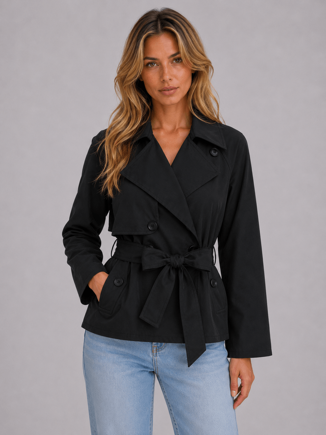 Women's Cropped Double-Breasted Trench Coat with Tie Waist