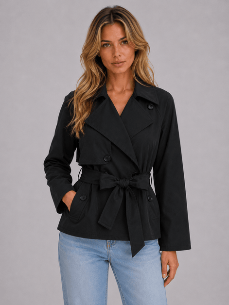 Women's Cropped Double-Breasted Trench Coat with Tie Waist