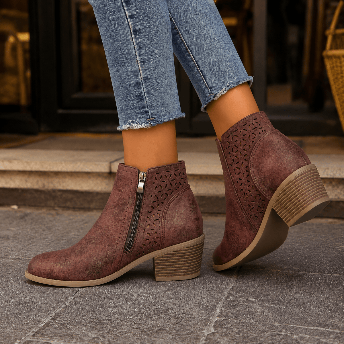 Women's Cutout Suede Ankle Boots with Block Heel