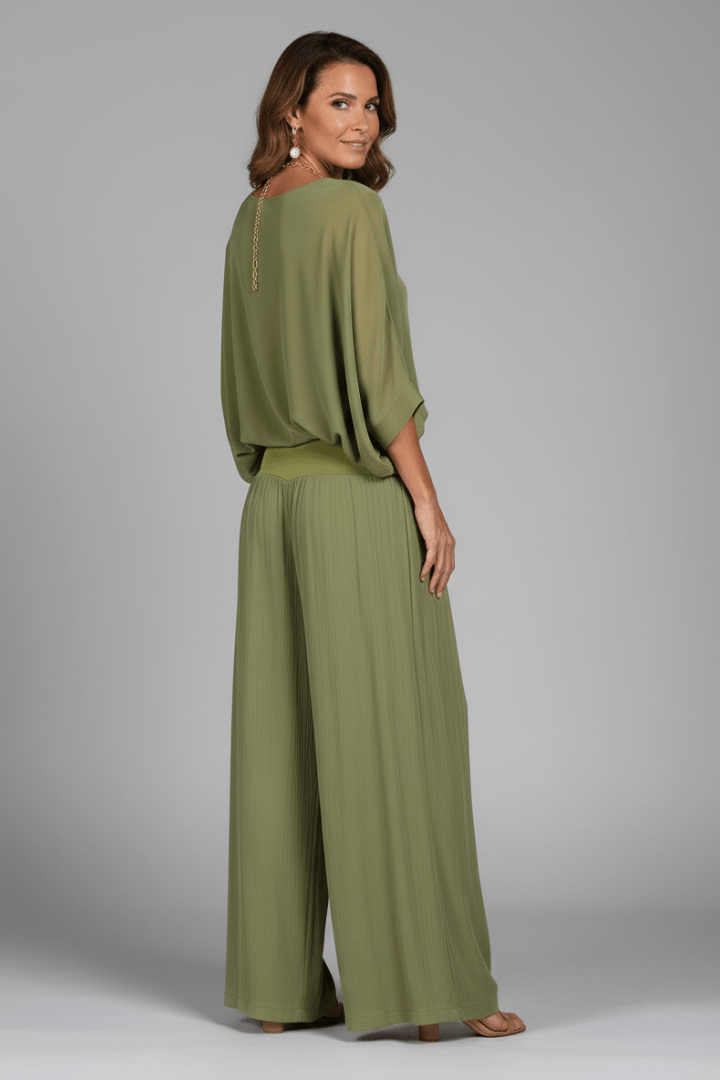 Natalie Chiffon Wide-Leg Women's Two-Piece Co-Ord Set with Draped Top