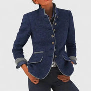 Women's Tailored Wool Blazer with Stand Collar and Contrast Trim