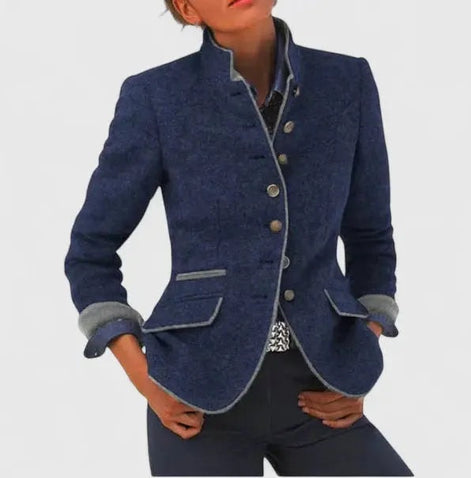 Women's Tailored Wool Blazer with Stand Collar and Contrast Trim