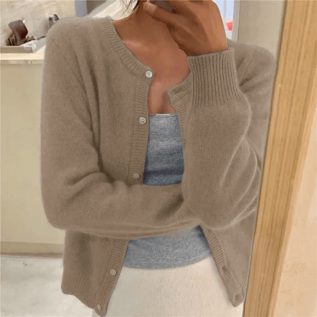 Knitted Button Front Cardigan with Round Neckline for Ladies Jumpers Layering
