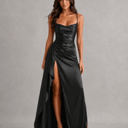 Draped Satin Ruched-Waist Women's Midi Dress with Side Split