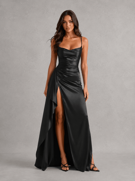 Draped Satin Ruched-Waist Women's Midi Dress with Side Split