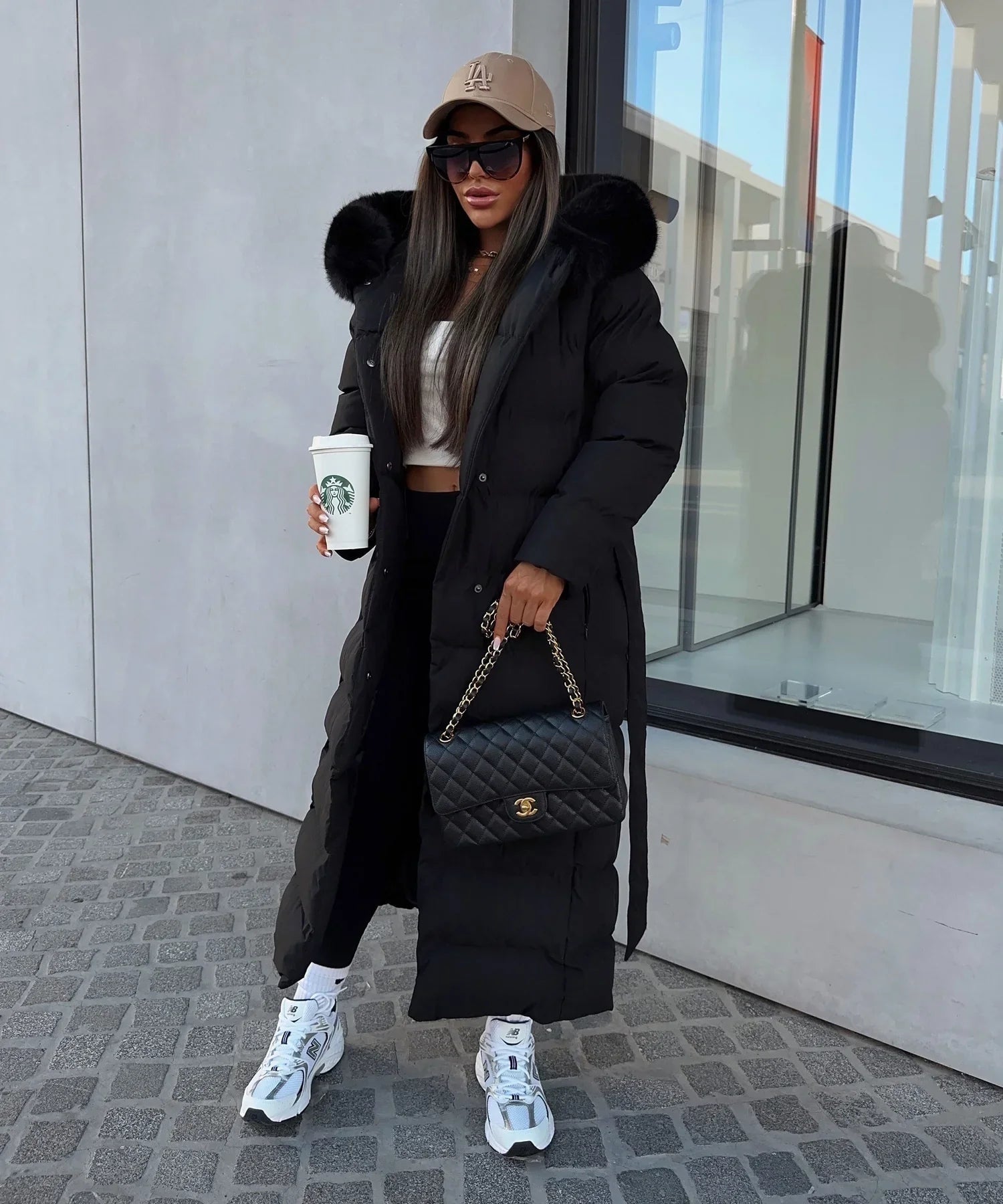 Belted Faux Fur Hood Long Puffer Winter Coats for Women